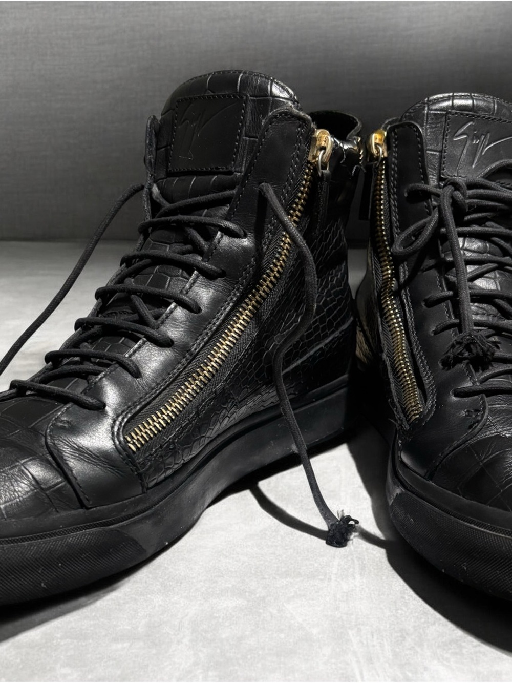 Giuseppe Zanotti Black Croc-Embossed Leather High-Tops with Gold Zippers